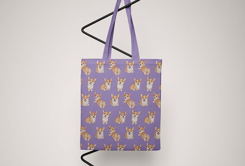 Corgi Corgi Puppy Canvas Tote Bag Tote Bag Canvas Bag Side Backpack Sundry Bag - กระเป๋าถือ - ผ้าฝ้าย/ผ้าลินิน สีม่วง