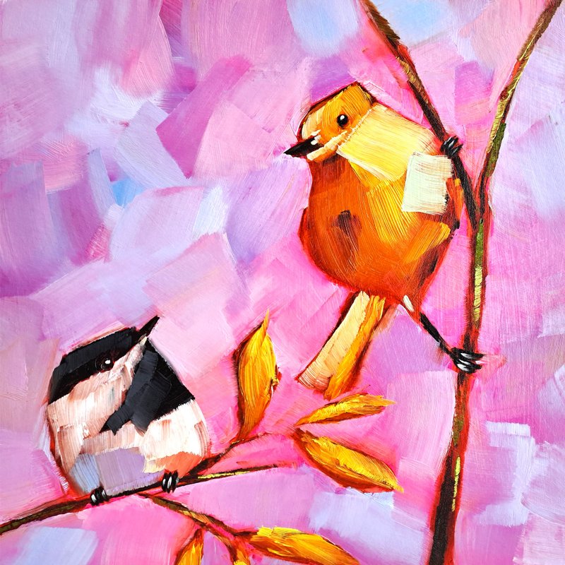 Chickadee Painting Goldfinch Original Art Bird Oil Painting Animal Small Artwork - 海報/掛畫/掛布 - 其他材質 多色