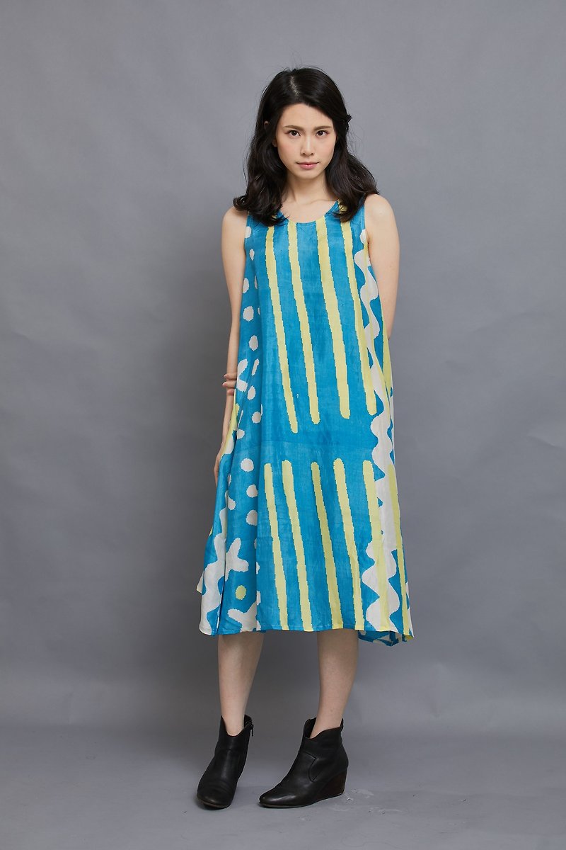 summer party umbrella dress -nautical - ชุดเดรส - ผ้าไหม สีน้ำเงิน