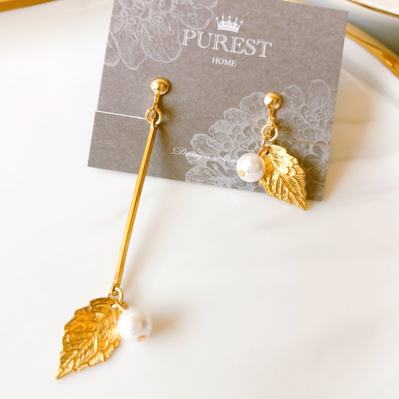 PUREST HOME 金枝玉葉の日本棉珍珠-不對稱黃銅耳環 - 耳環/耳夾 - 其他材質 