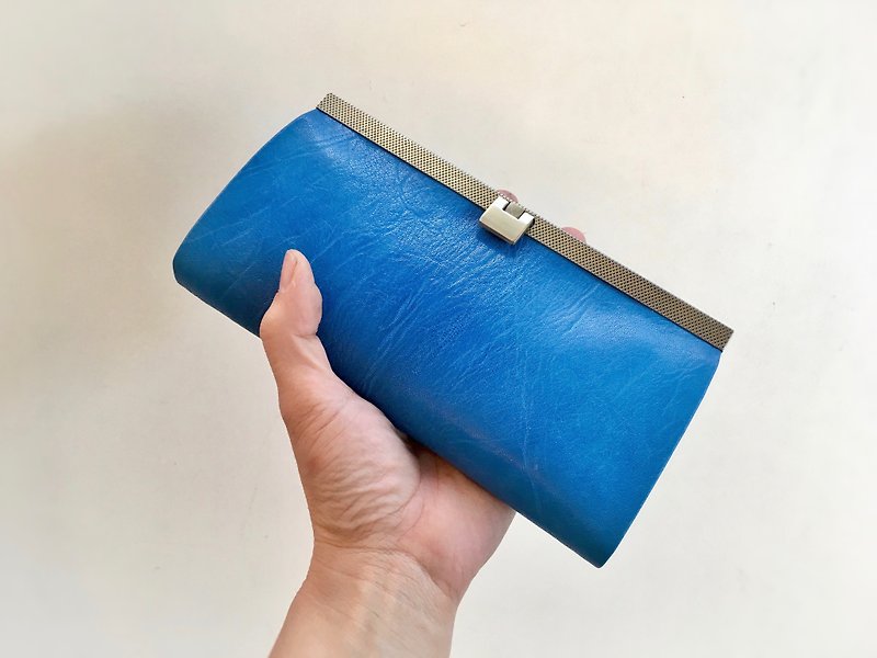 French goat leather wallet rectangle blue - กระเป๋าสตางค์ - หนังแท้ สีน้ำเงิน