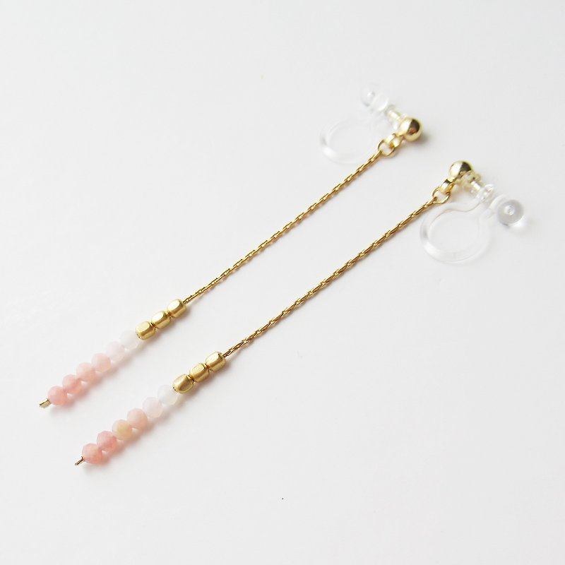 14KGF Gradation Pink opal and metal beads long chain, clip on earrings 夾式 - ต่างหู - เครื่องประดับพลอย สึชมพู