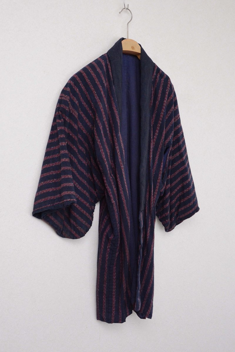 和服外套農夫工作服靛藍染領棉質和服條紋圖案翻拍材質日本復古 - 女大衣/外套 - 棉．麻 多色