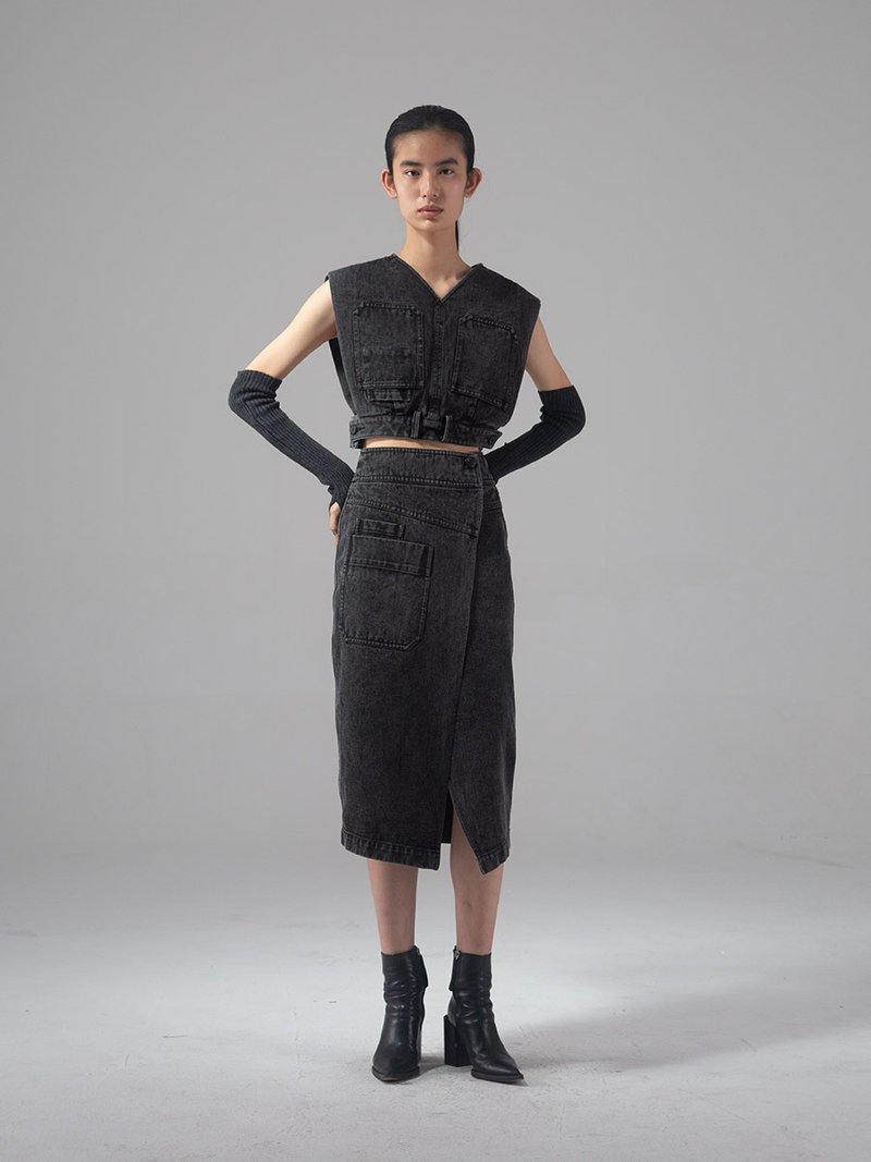 Yeast Washed Black Denim Skirt - กระโปรง - ผ้าฝ้าย/ผ้าลินิน สีเทา