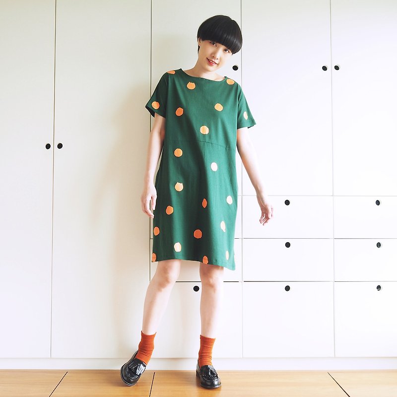 polka dot cat dress : green - 連身裙 - 棉．麻 綠色