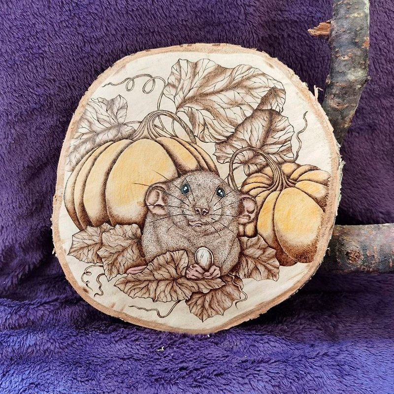 Woodburning Rat and Pumpkins - Wall Décor - Wood 
