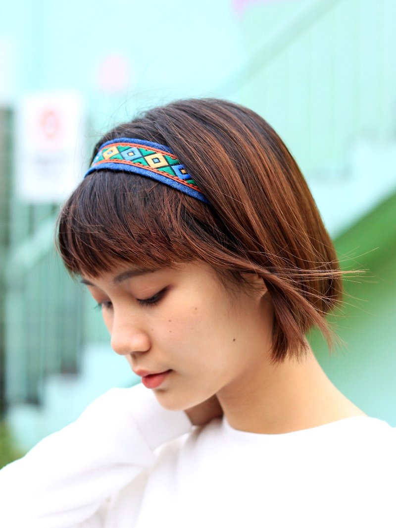 【The MAMA's Closet】Rhombus(Green) / Denim with Ribbon Headband - Hair Accessories - Cotton & Hemp Multicolor