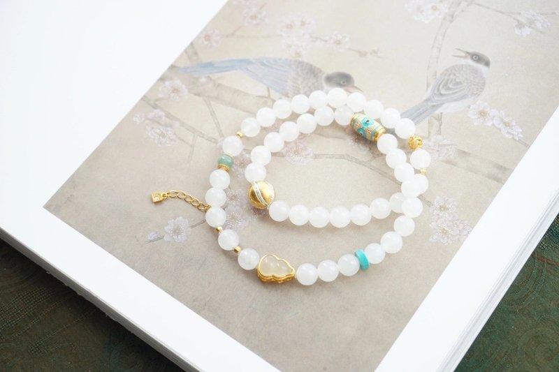 6mm natural Hetian jade/Hetian jade raw ore white jade 925 Silver inlaid with white jade gourd design double circle bracelet - Bracelets - Jade White