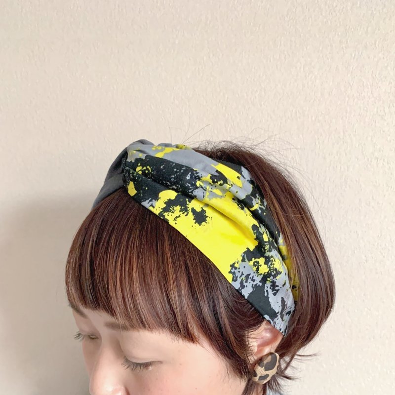 夏の新作　PAINT yellow × Dark gray T-shirt   cross headband turban - 頭箍/髮帶/髮圈 - 棉．麻 黃色