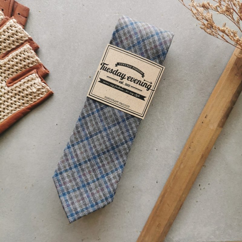 Necktie Grey Blue Scottish - 領帶/領帶夾 - 棉．麻 灰色