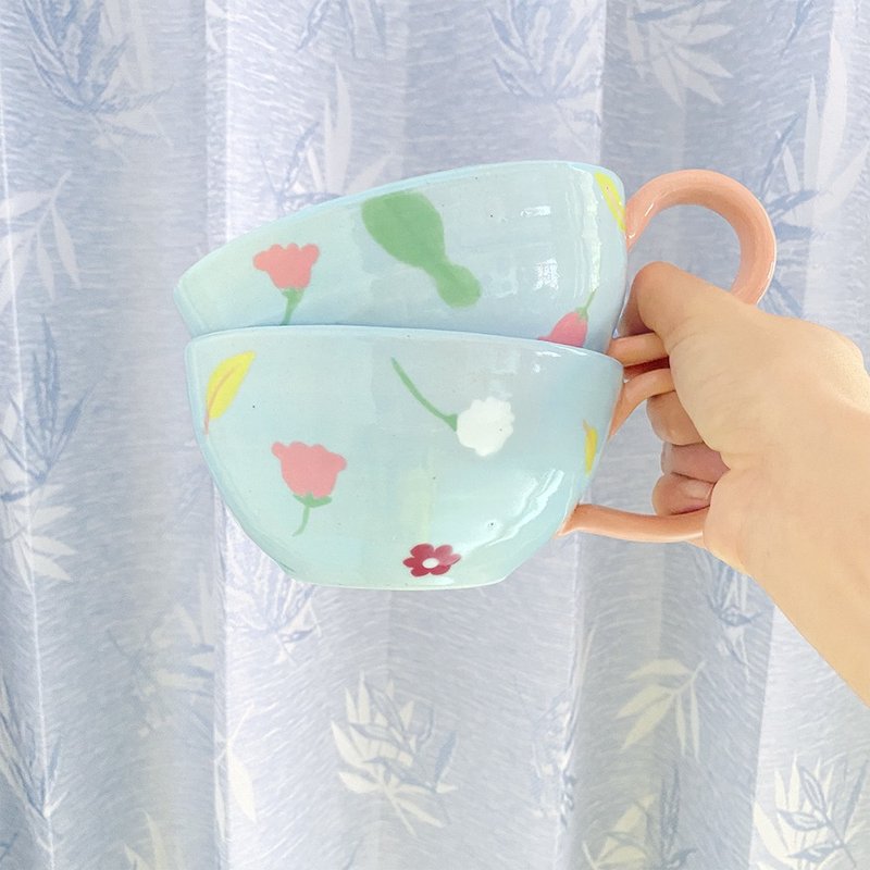 HAND-MADE Sugar baby blue floral  BOWL - 碗 - 陶 藍色