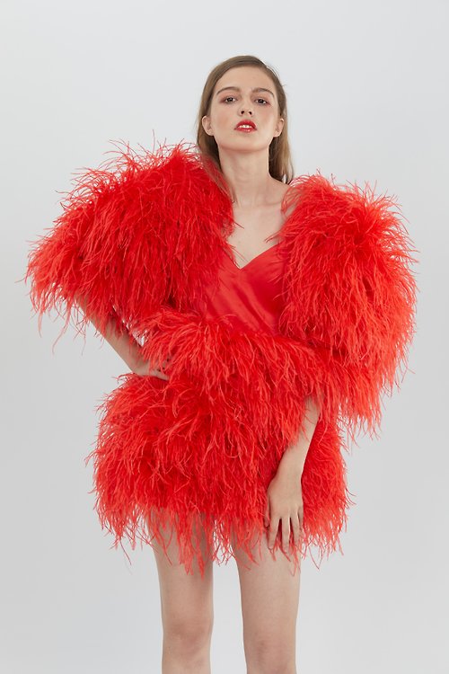 sginstar Jenny red ostrich feather mini dress feather cocktail dress feather prom dress