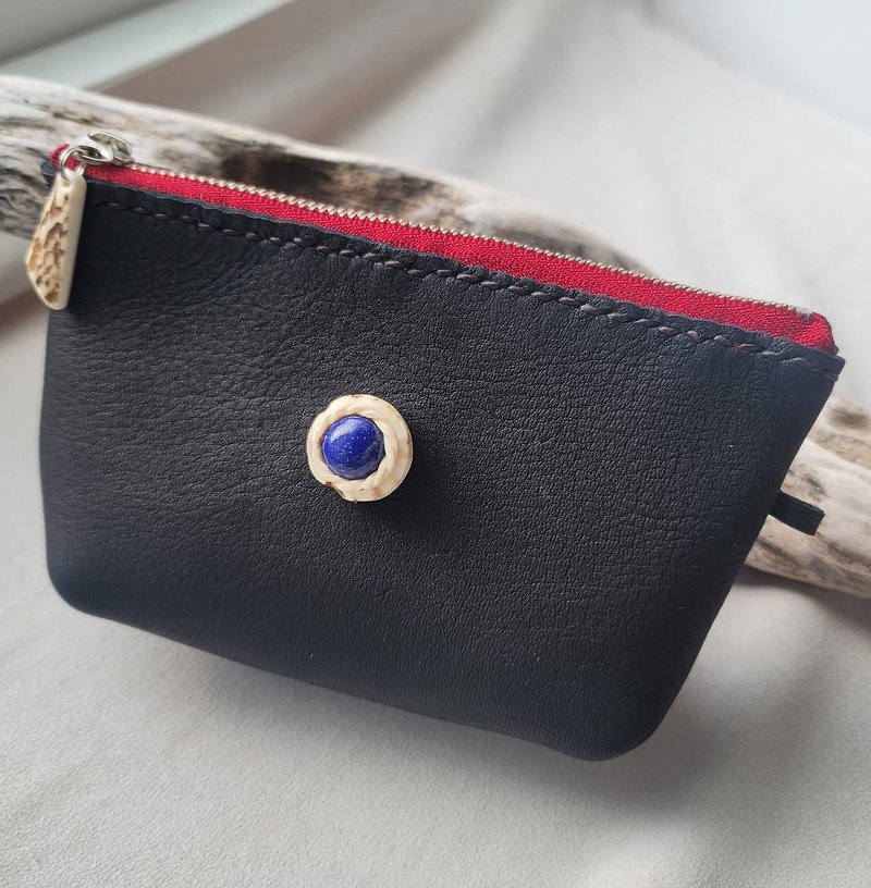 Deerskin pouch Deer antler lapis lazuli conchos - Toiletry Bags & Pouches - Genuine Leather Black