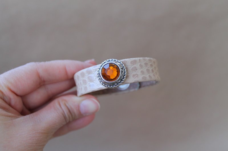 Beige leather bracelet with orange cristal. Summer womens cuff bracelet