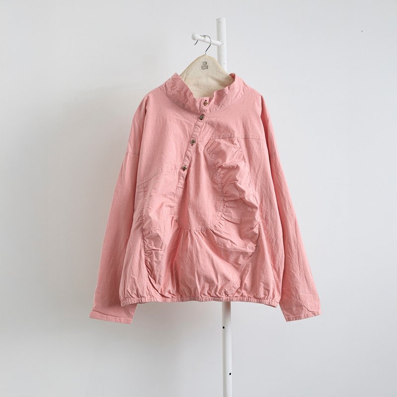 小圓抓皺半開襟上衣 - 女上衣/長袖上衣 - 其他人造纖維 粉紅色