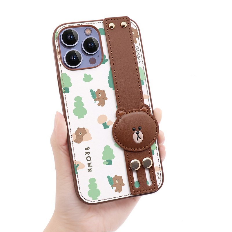 GARMMA LINE FRIENDS iPhone 13 Series Palm Strap Leather Case Forest Adventure - Phone Cases - Plastic Brown