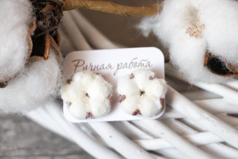 Stud Earrings Cute Cotton Earrings Unusual Gift - Earrings & Clip-ons - Clay White