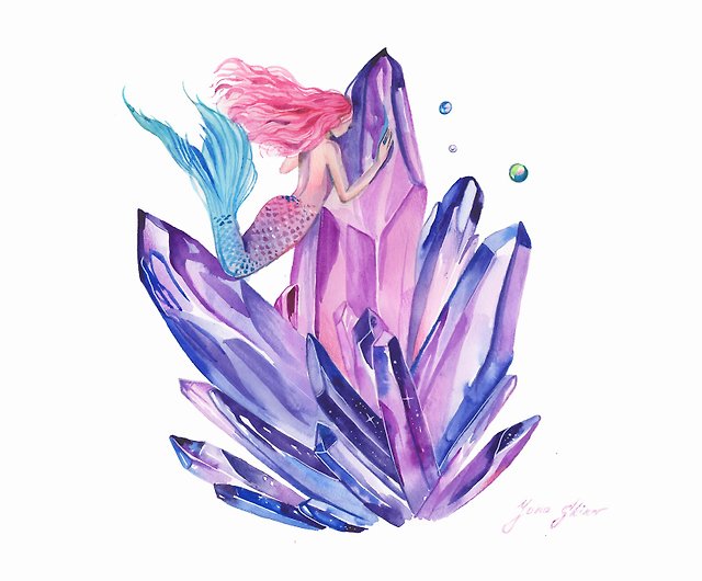人魚の絵画人魚と水晶オリジナルアート紫水晶水彩画 ショップ Yanaanikinaart ウォールデコ 壁紙 Pinkoi
