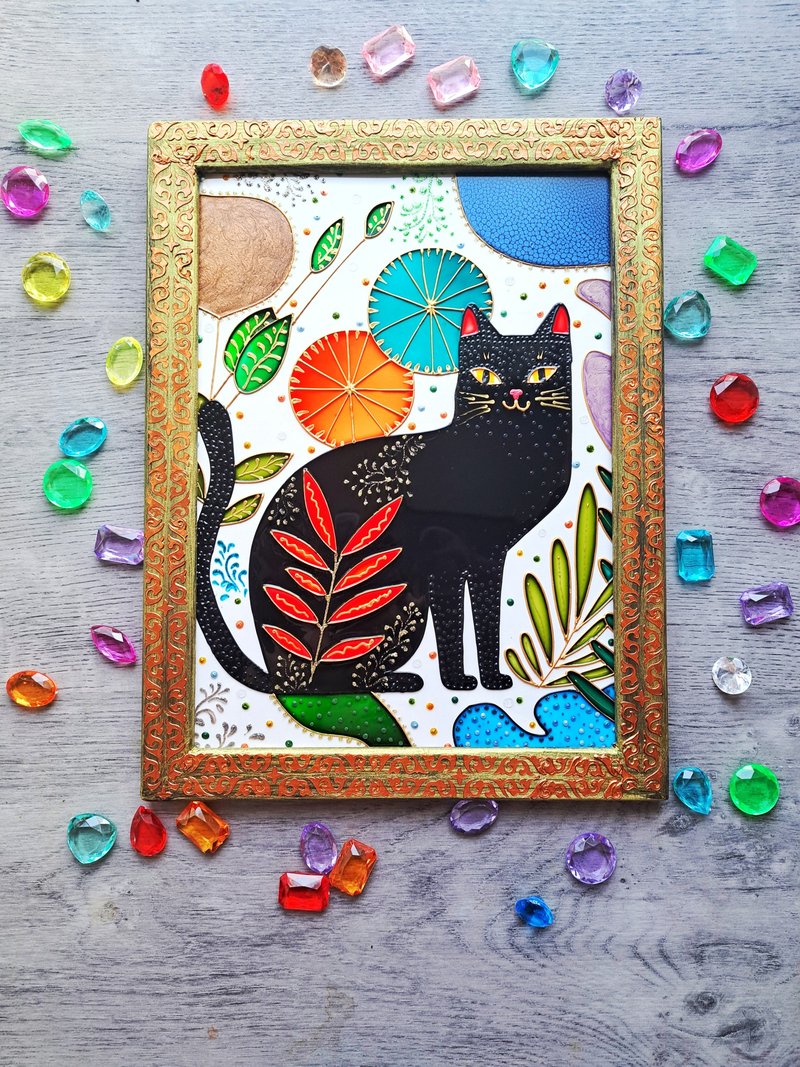 手绘彩绘玻璃可爱黑猫多色天真原画 - 壁貼/牆壁裝飾 - 玻璃 多色