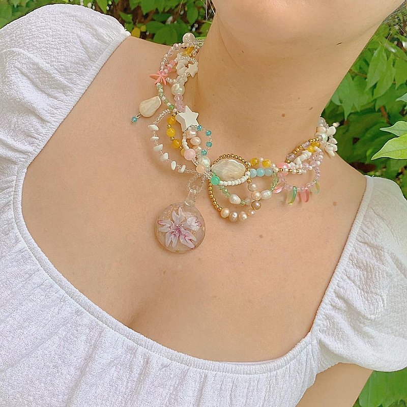 (Pastels Flower Princess)Necklaces handmade by skilled artisans, layered necklac - Necklaces - Stone Multicolor