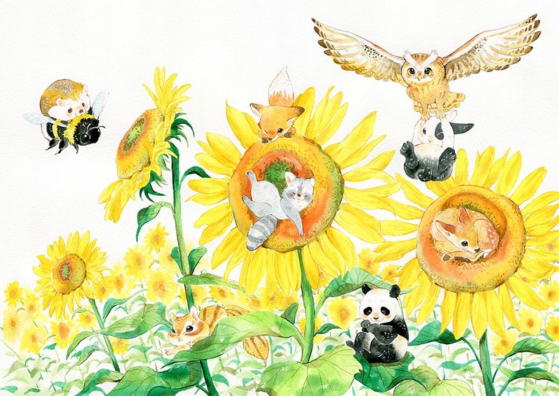 A4ミニポスター＋ポストカード - 夏（水彩）シカ／アライグマ／キツネ／リス／ハリネズミ／ウサギ／フクロウ - ポスター・絵 - 紙 多色