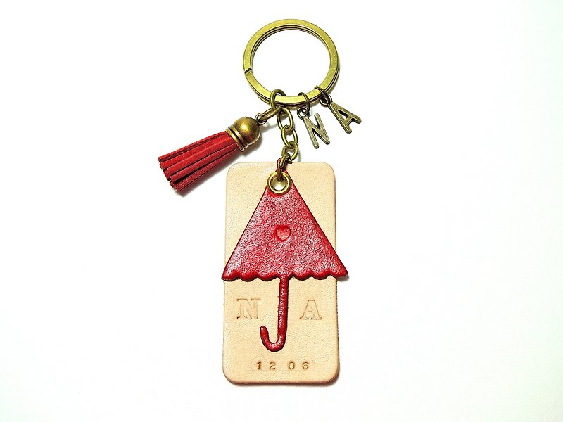 倆人一支小雨傘 客製皮革鑰匙圈 (12色/免費刻字) - 鑰匙圈/鑰匙包 - 真皮 紅色