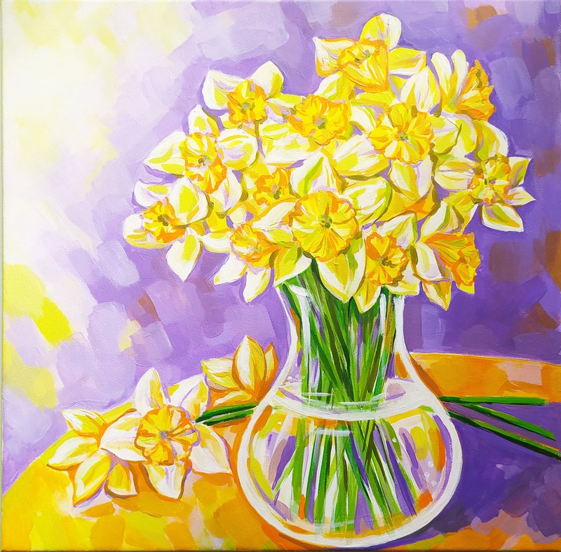 Painting with flowers Daffodils painted with acrylic on canvas original art - ตกแต่งผนัง - วัสดุอื่นๆ สีเหลือง