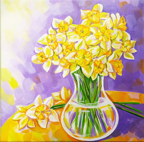 Nadinart Painting with flowers Daffodils painted with acrylic on canvas original art