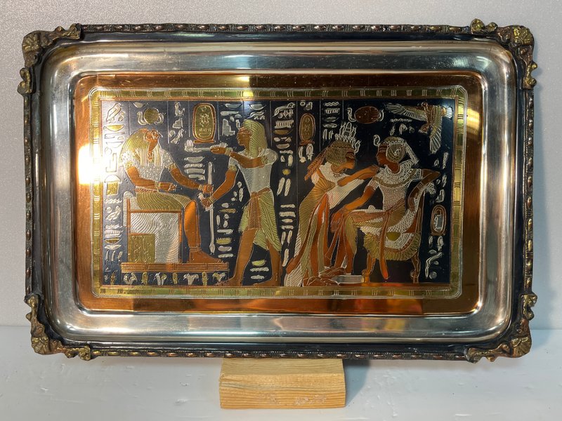 100% Egyptian imported rectangular handmade copper plate-Ra and Tutankhamun - ของวางตกแต่ง - ทองแดงทองเหลือง สีทอง