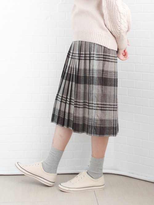 Retro early spring Japanese college style pattern pleated gray loose wool vintage dress