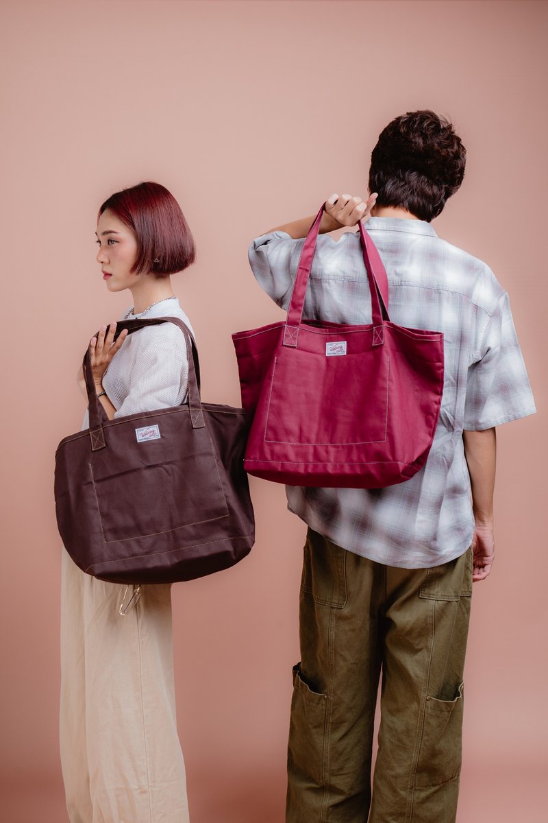 Walking Stitch : Haru Shopping Bag : กระเป๋าช้อปปิ้ง (Maroon, Dark Brown) - 手提包/手提袋 - 棉．麻 咖啡色