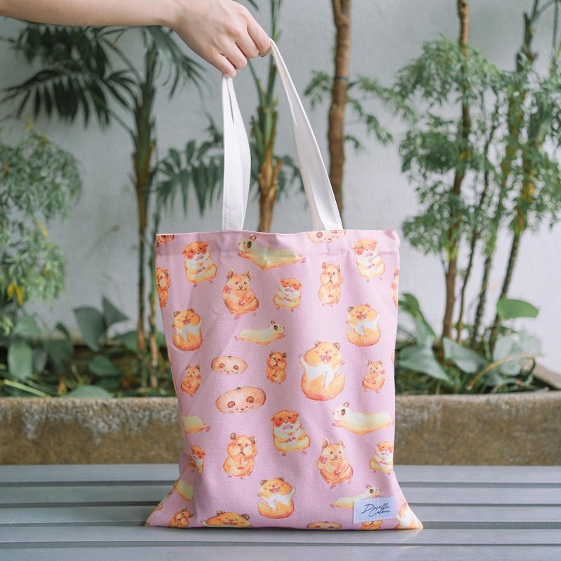 【Cute Hamster】Soft Pink Watercolour Illustration Tote Bag - Handbags & Totes - Cotton & Hemp Pink