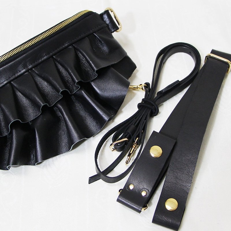 GENUINE LEATHER Mini Gathered Waist Purse / Fanny Pack / Sling Bag / Clutch Bag - Other - Genuine Leather Black