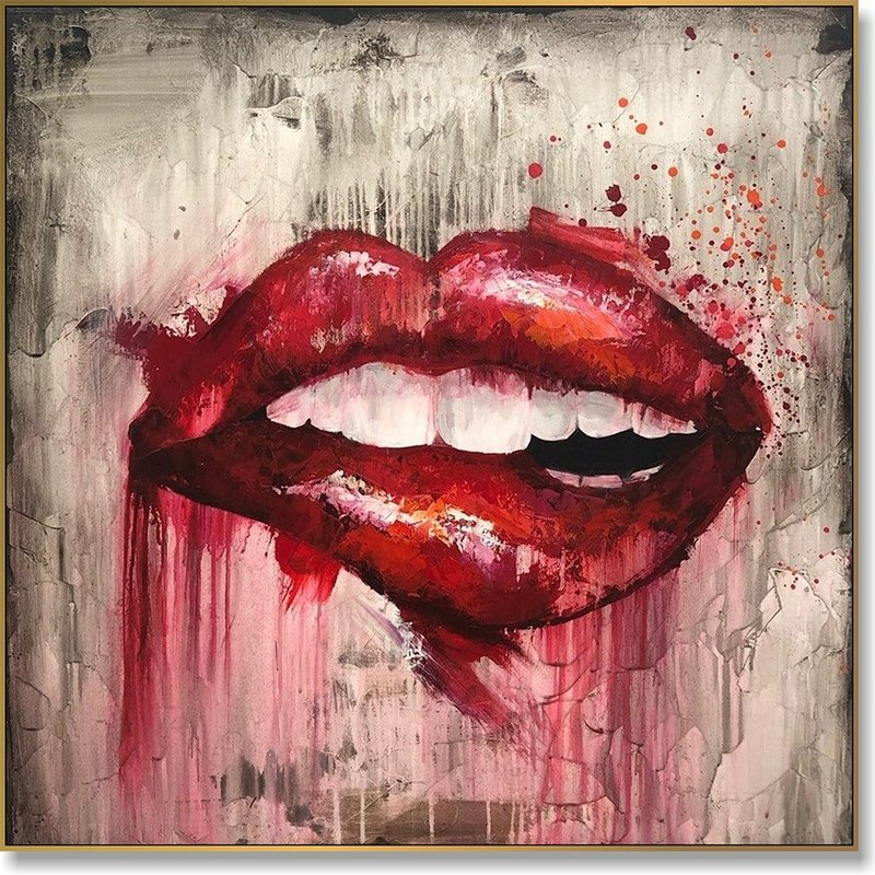 Large Abstract Red Lips Paintings On Canvas Original Textured Fine Art Modern - 壁貼/牆壁裝飾 - 壓克力 多色