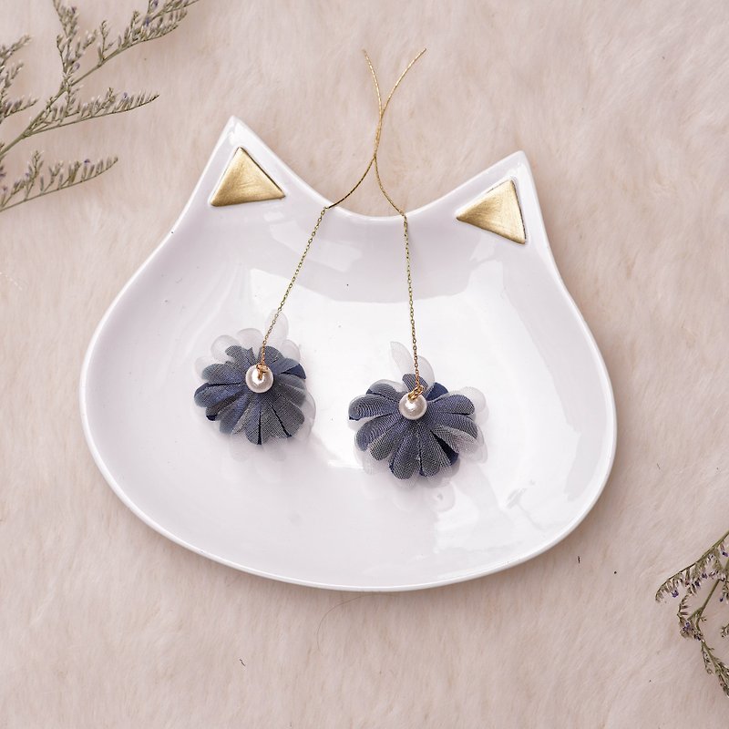 Grace | Dangle Golden Plating Floral Earrings - Fabric flower gifts - Earrings & Clip-ons - Other Materials Blue