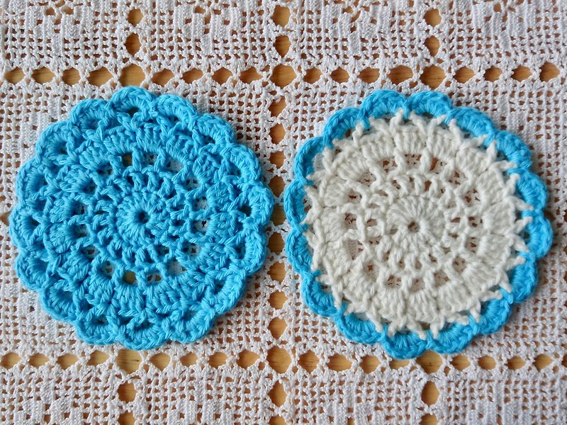 Crochet Coasters for Fika - Light Blue (2 pcs) - ที่รองแก้ว - ผ้าฝ้าย/ผ้าลินิน สีน้ำเงิน