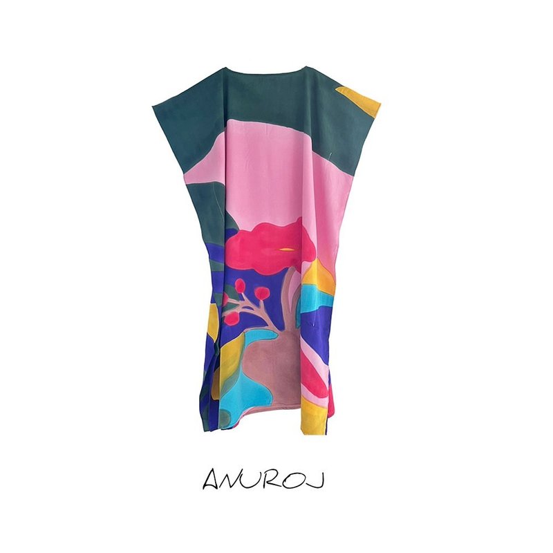 Hand Painted Cotton Silk Kaftan for Summer Resort Vacation F - 洋裝/連身裙 - 棉．麻 粉紅色