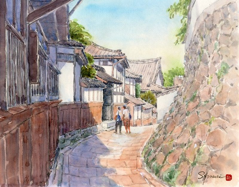 Watercolor samurai residence - โปสเตอร์ - กระดาษ สีนำ้ตาล