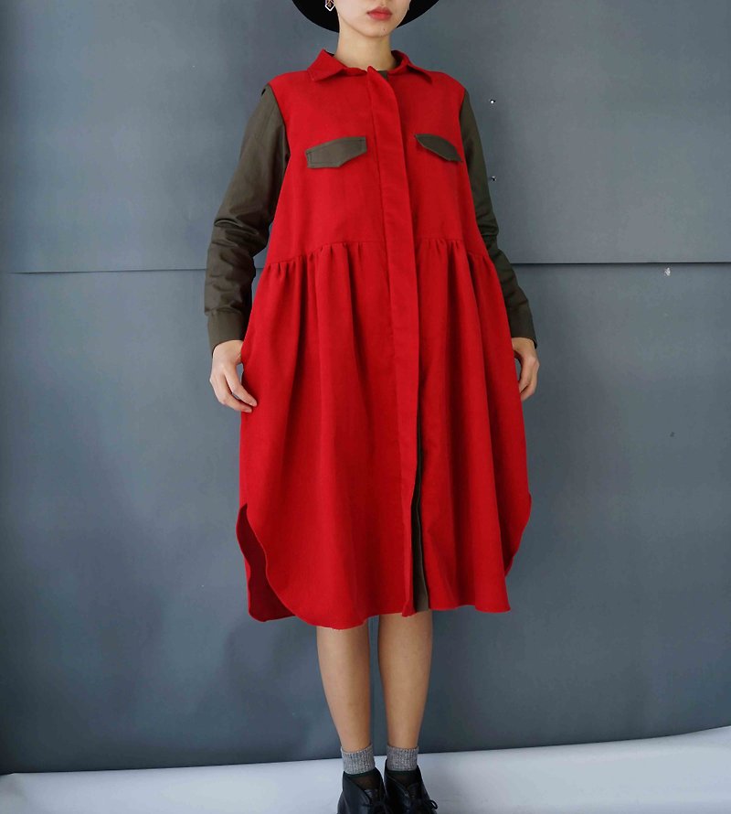 Handmade - Army Green X Red Corduroy Long Shirt Dress - Women's Shirts - Cotton & Hemp Red