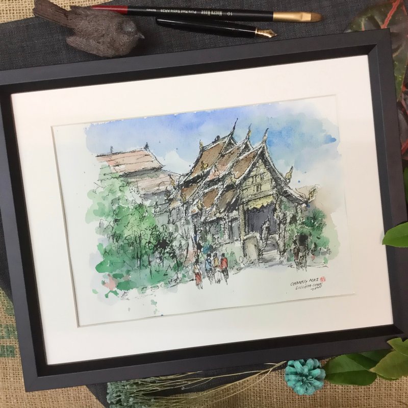 漫遊清邁/手繪原創/淡彩/含畫框 - 海報/掛畫/掛布 - 紙 咖啡色