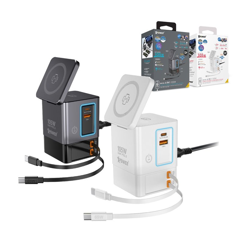 XPower RN105 6輸出Qi2 105WGaN雙無線充+雙內置伸縮線塔式充電器 - 無線充電盤/板/座 - 其他金屬 多色