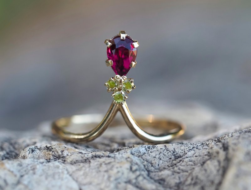 14k gold ring with tourmaline and tsavorite - 戒指 - 貴金屬 金色
