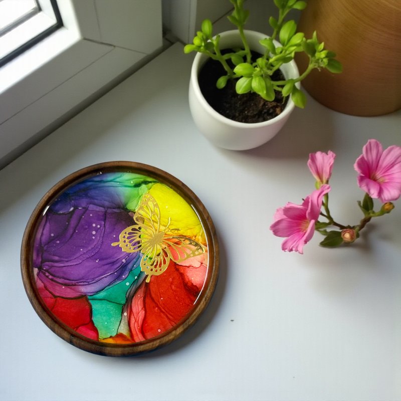 酒精墨水藝術優質胡桃木杯墊 - 蝴蝶 (H) - 擺飾/家飾品 - 其他材質 多色