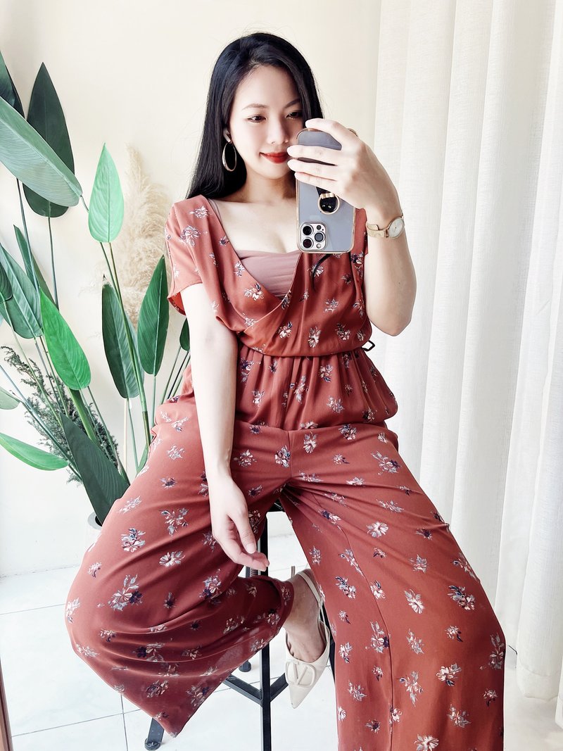 V領橙橘碎花浪漫戀日 古著薄料紡紗連身褲吊帶褲 overalls - 女裝工人褲/吊帶褲 - 聚酯纖維 橘色