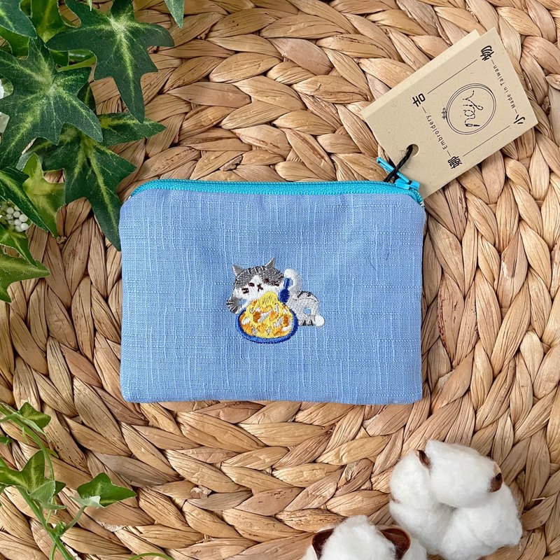 Naji little things. Snack Cat Series Coin Purse-Gray Cat Xiaoyu and Mango Ice - กระเป๋าใส่เหรียญ - ผ้าฝ้าย/ผ้าลินิน สีน้ำเงิน