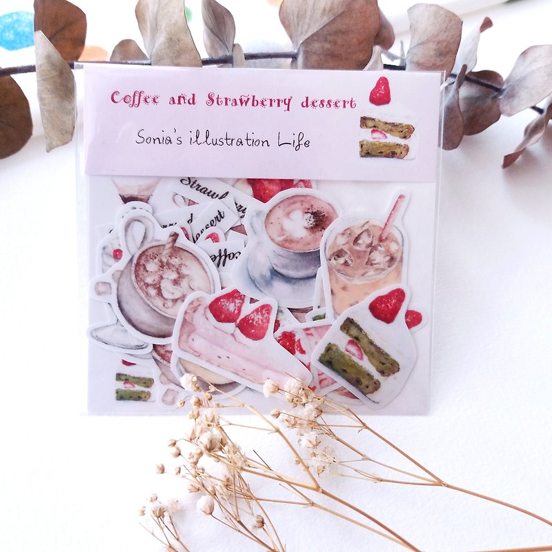 Hand-painted coffee and strawberry dessert sticker - สติกเกอร์ - กระดาษ 
