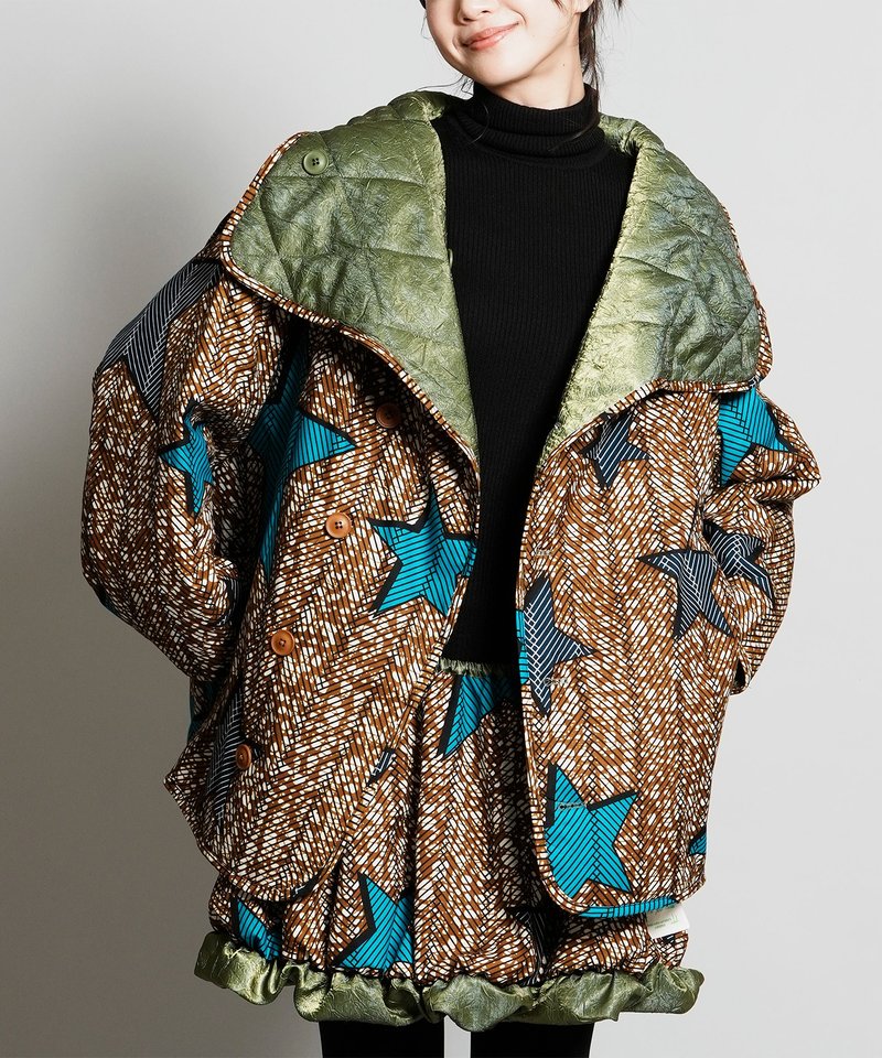 Super hight neck reversible blouson【KHAKI×AZURE STAR】 - 女西裝外套 - 聚酯纖維 卡其色