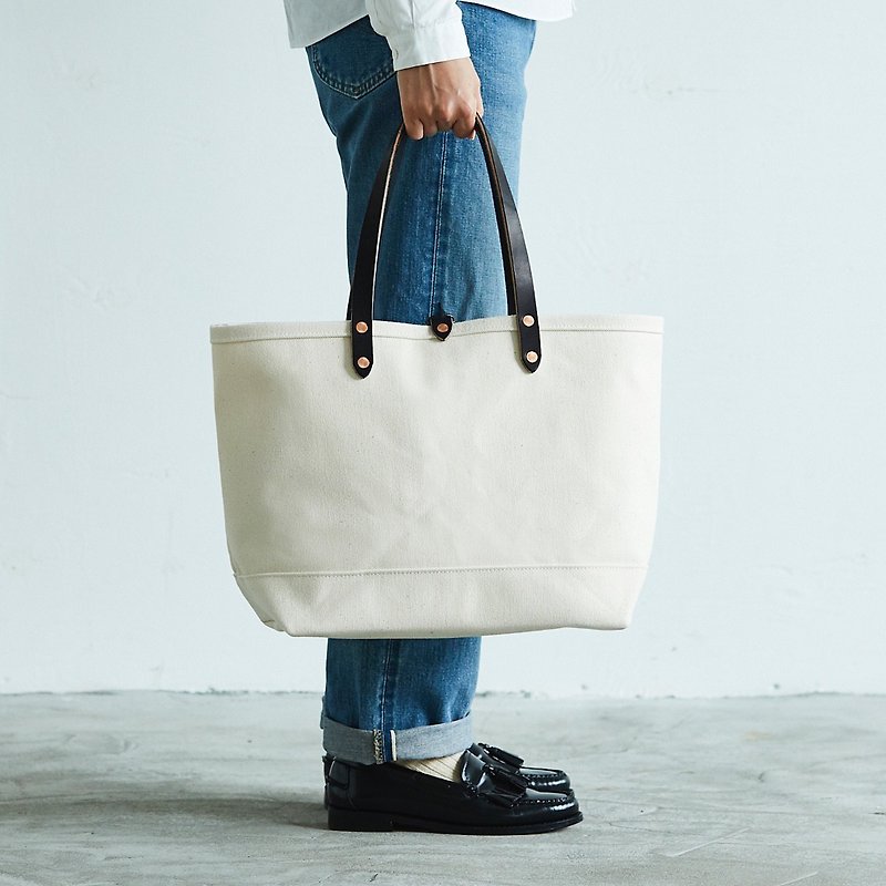 帆布皮革托特包 M 號日本製造白色未漂白簡單大號肩黑色男式女式 - 手袋/手提袋 - 棉．麻 白色