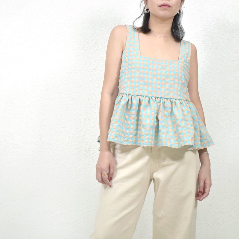 Ellie Tank- Bubble Gingham 大氣方領寬鬆泡泡格子背心 - 背心/無袖上衣 - 棉．麻 