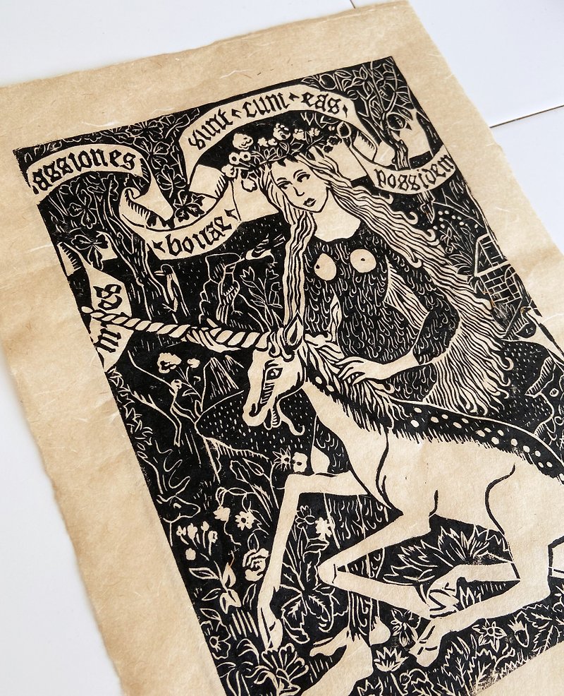 Medieval Gothic art Woman with Unicorn lino print 26x35 cm - Wall Décor - Paper 